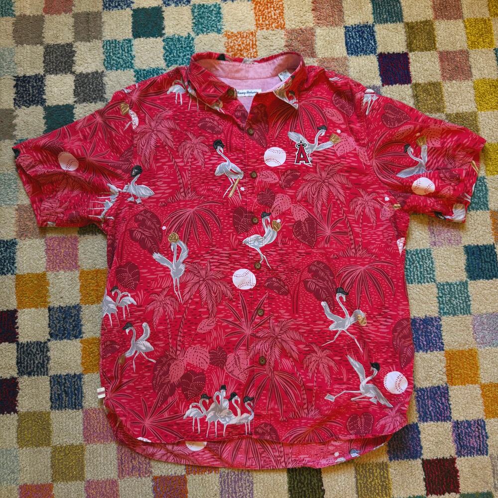 Tommy Bahama Angels Flamingo King Hawaiian Shirt XL MLB Baseball Red Tropical